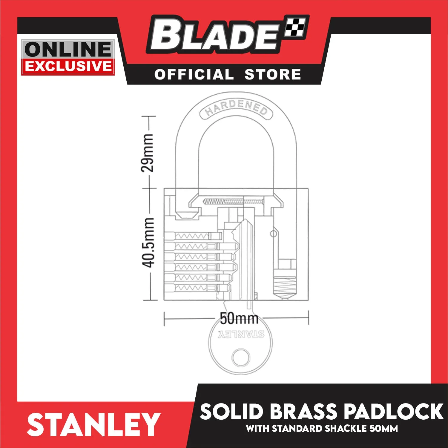 Stanley Solid Brass Padlock with Standard Shakle 50mm Heavy Duty Security Padlock