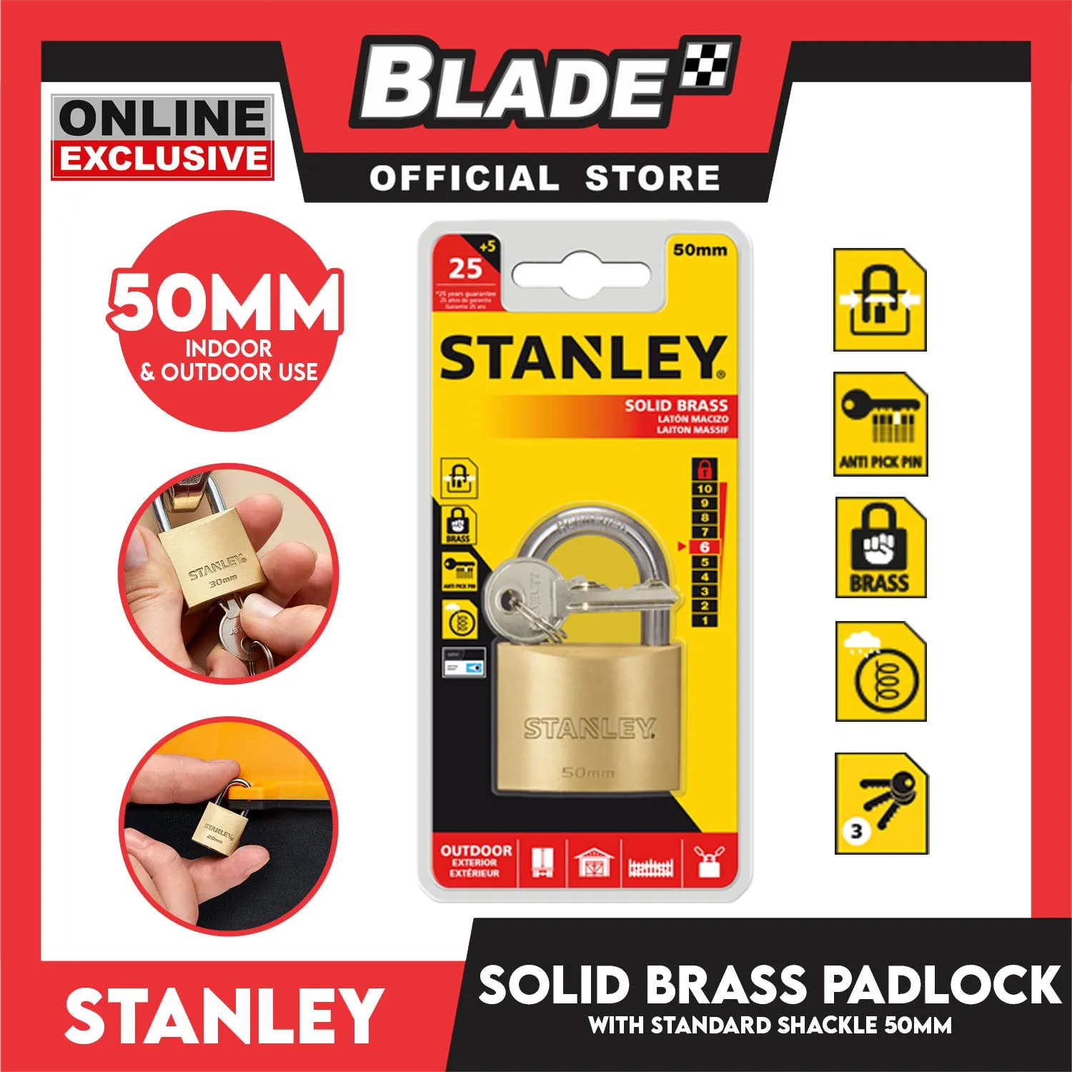 Stanley Solid Brass Padlock with Standard Shakle 50mm Heavy Duty Security Padlock