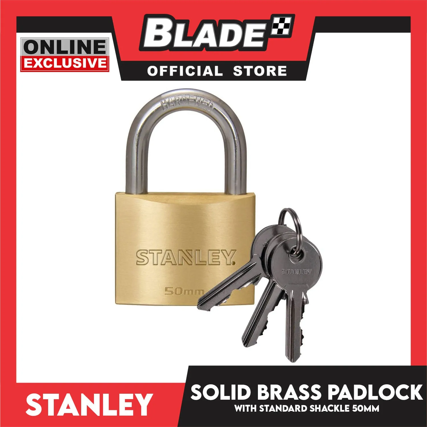 Stanley Solid Brass Padlock with Standard Shakle 50mm Heavy Duty Security Padlock