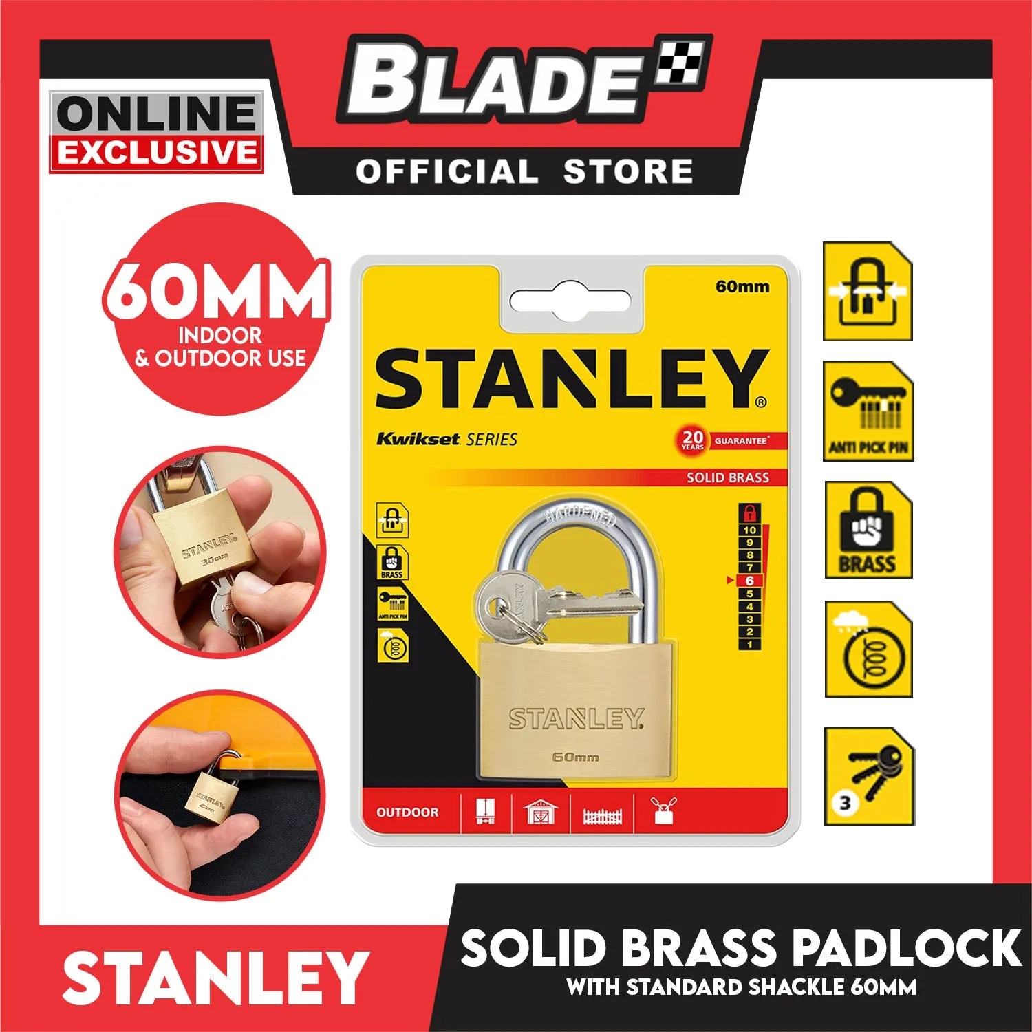 Stanley Solid Brass Padlock with Standard Shakle 60mm Heavy Duty Security Padlock