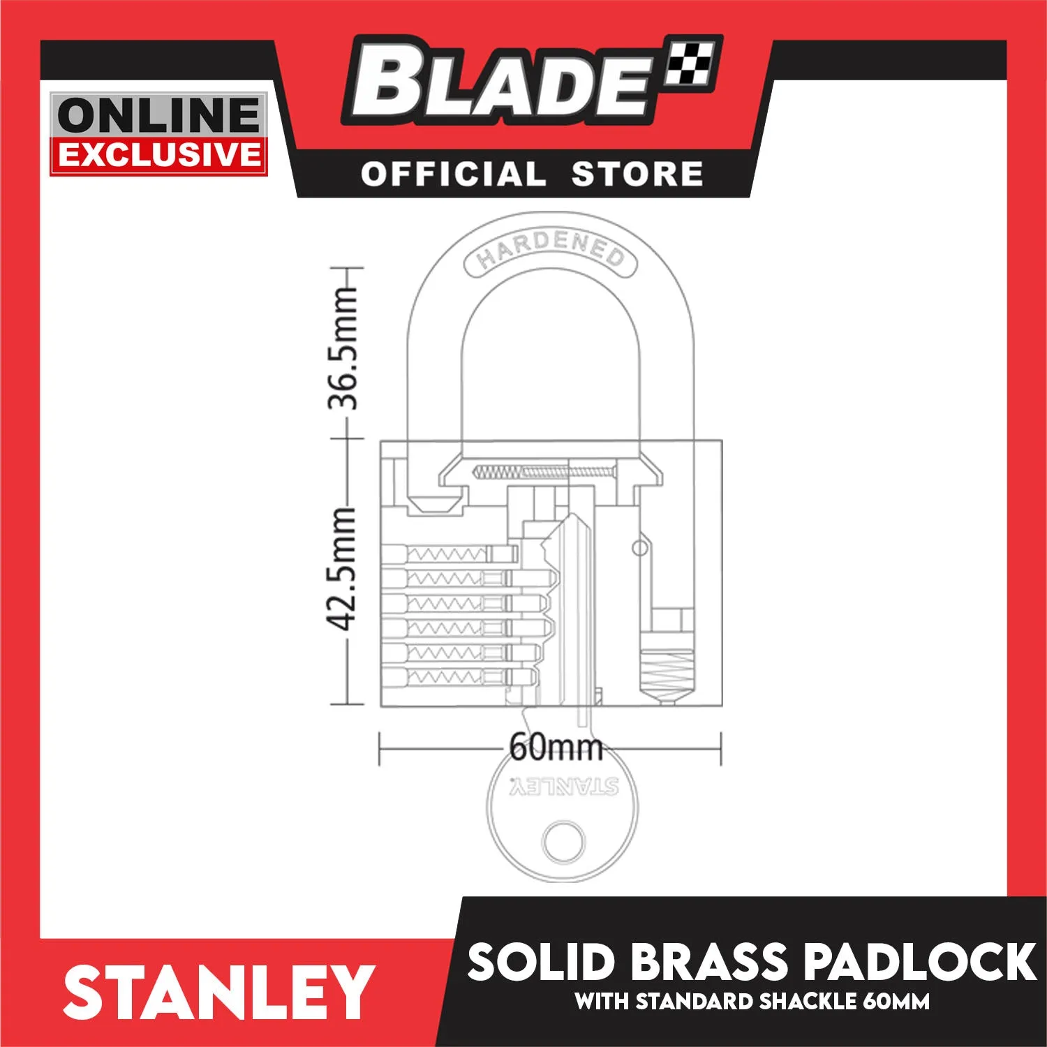 Stanley Solid Brass Padlock with Standard Shakle 60mm Heavy Duty Security Padlock