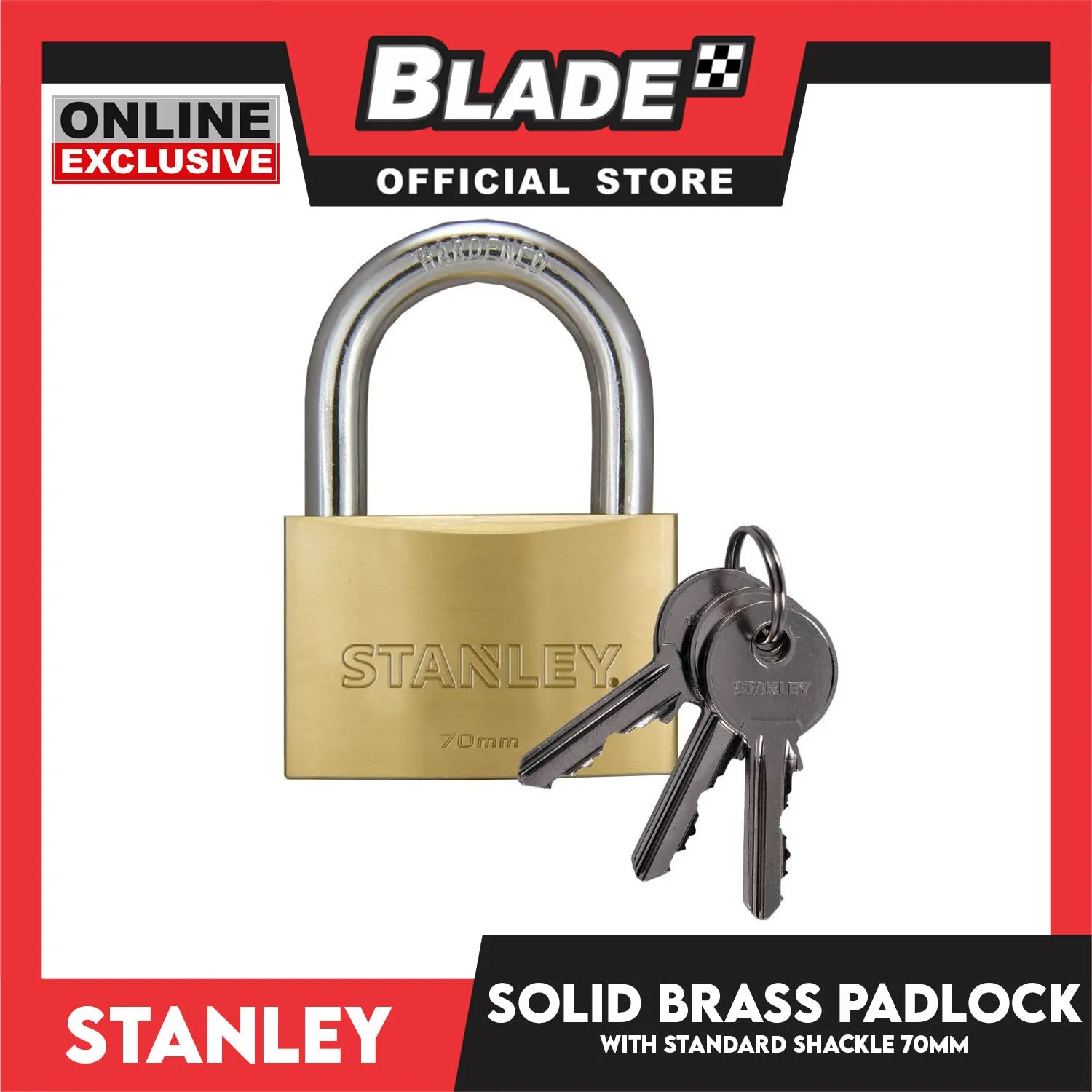 Stanley Solid Brass Padlock with Standard Shakle 70mm Heavy Duty Security Padlock