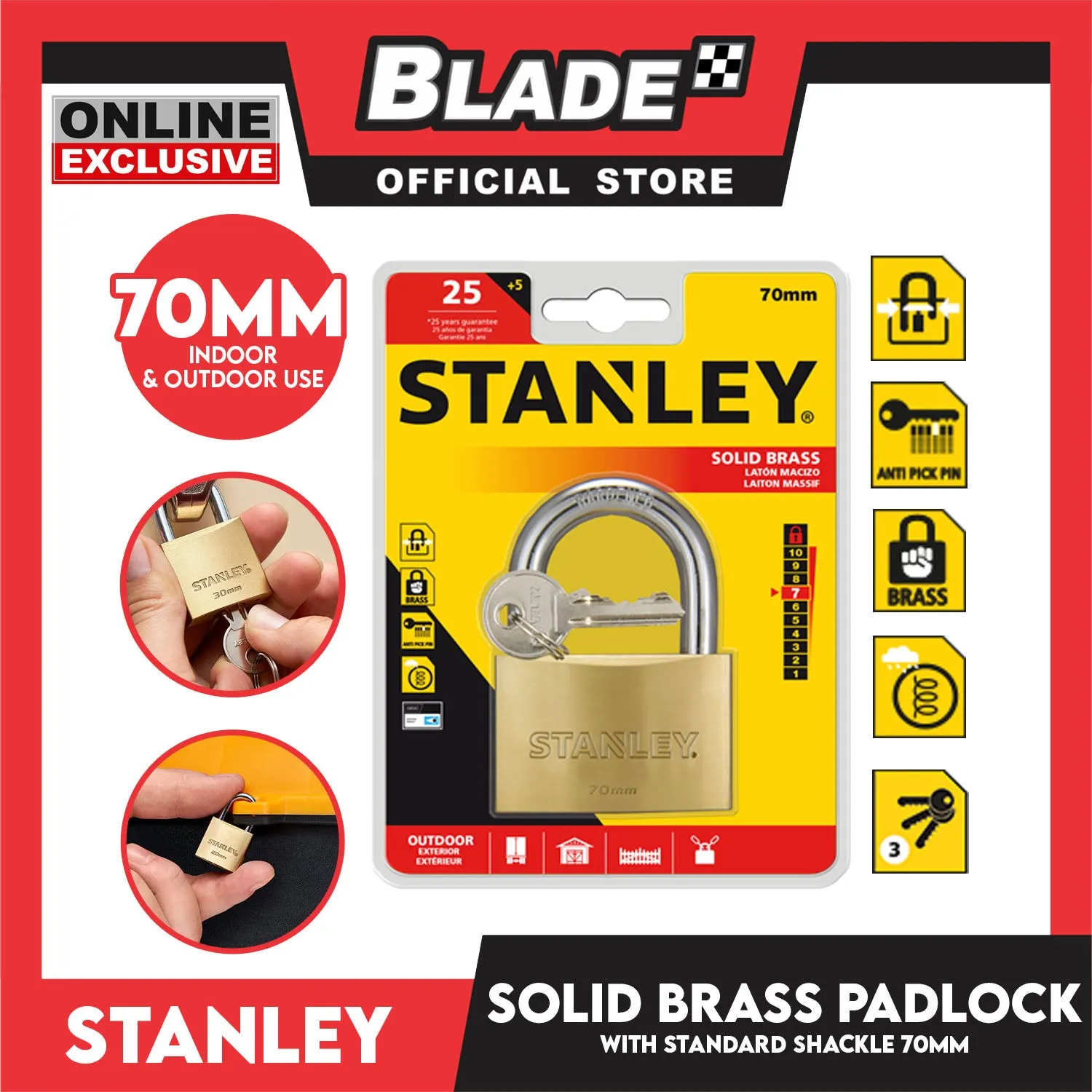 Stanley Solid Brass Padlock with Standard Shakle 70mm Heavy Duty Security Padlock