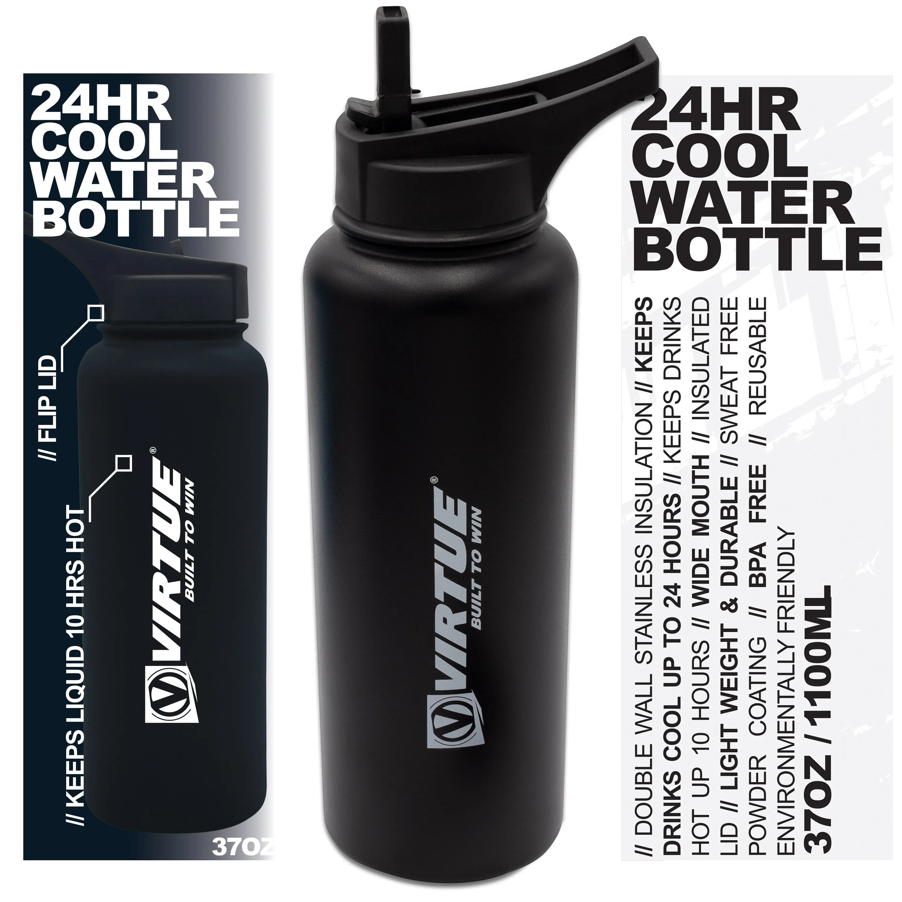 Virtue Stainless Steel 24Hr Cool Water Bottle - 37oz - Black
