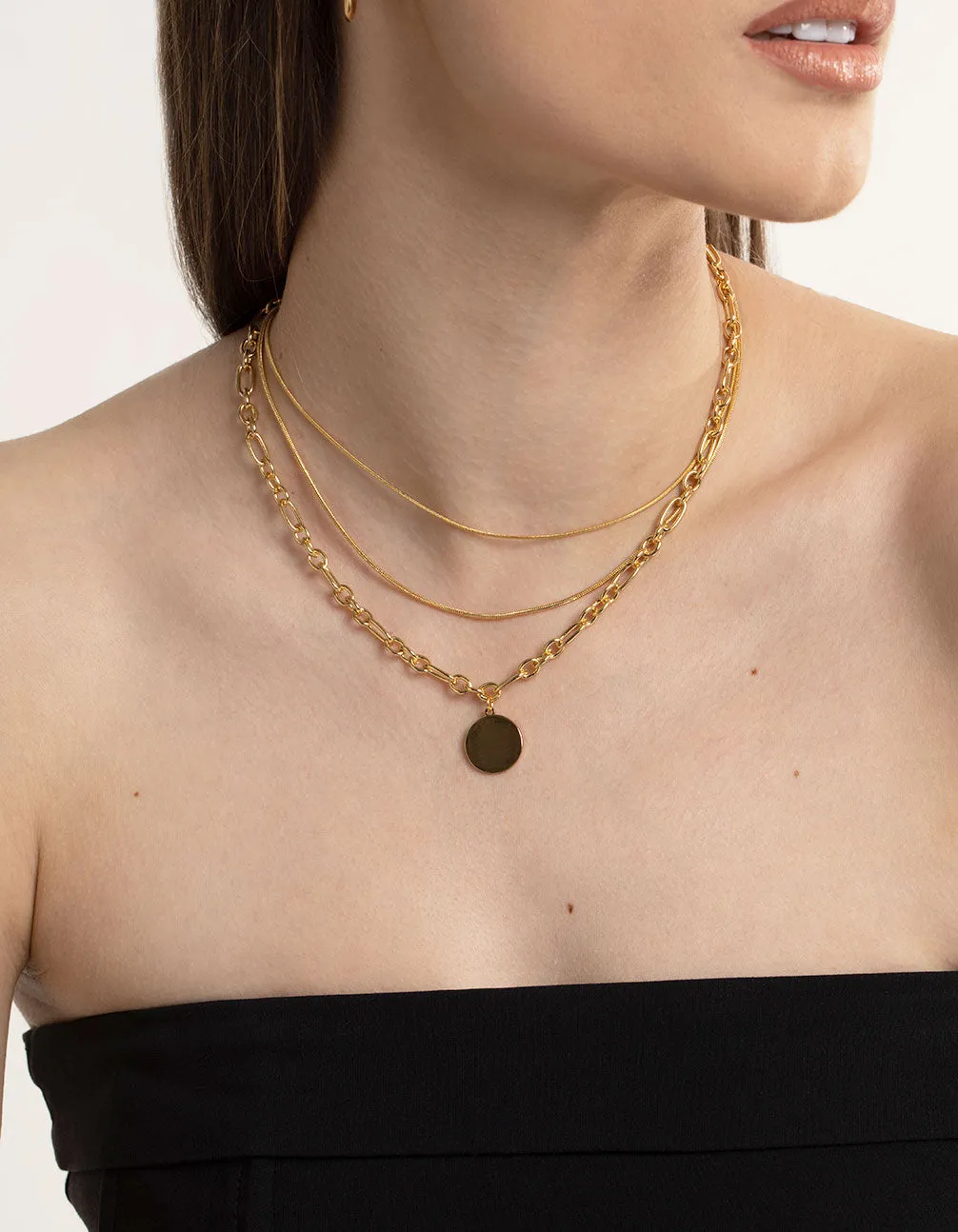 Waterproof Gold Plated Stainless Steel Oval Chunky Disc Layered Necklace