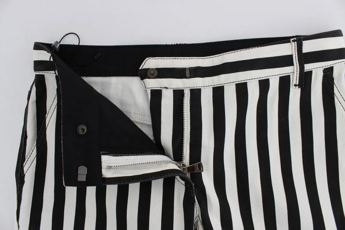 White Black Striped Cotton Stretch Jeans