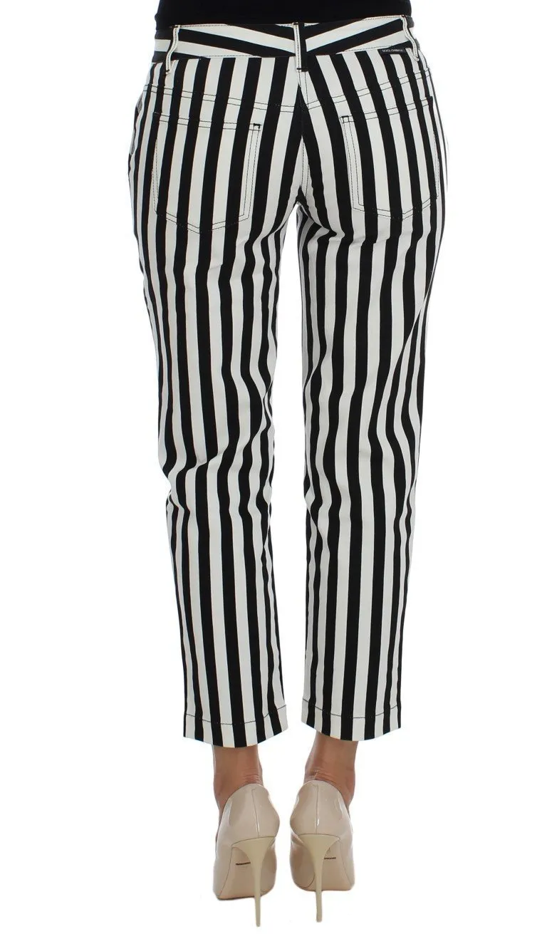 White Black Striped Cotton Stretch Jeans