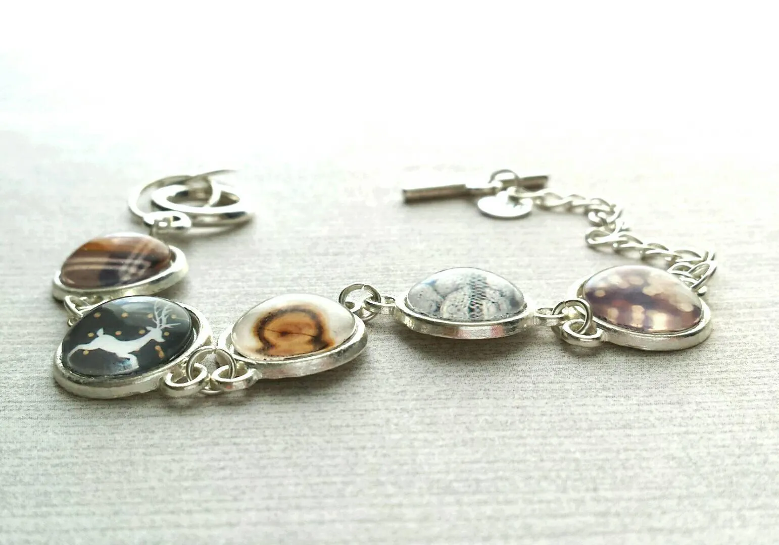 Winter Charm Bracelet, silver toggle clasp bracelet, sweater charm, wood charm, plaid charm, deer charm, silver charm bracelet, grey brown