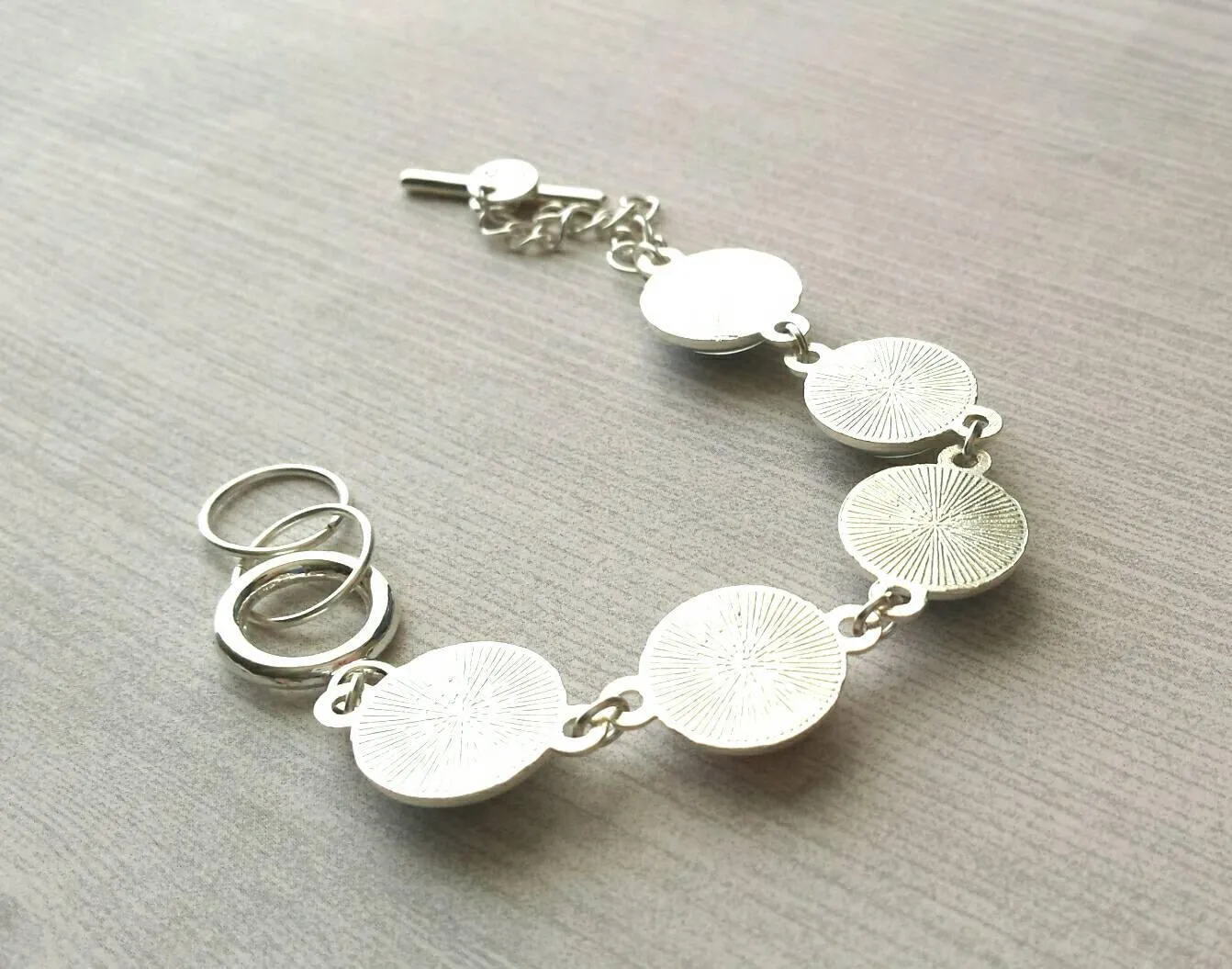 Winter Charm Bracelet, silver toggle clasp bracelet, sweater charm, wood charm, plaid charm, deer charm, silver charm bracelet, grey brown