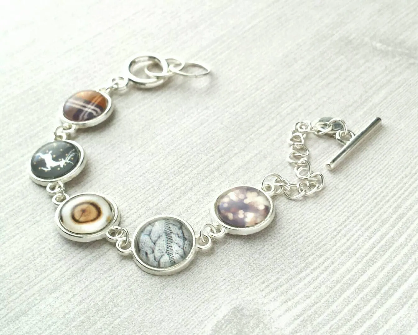 Winter Charm Bracelet, silver toggle clasp bracelet, sweater charm, wood charm, plaid charm, deer charm, silver charm bracelet, grey brown