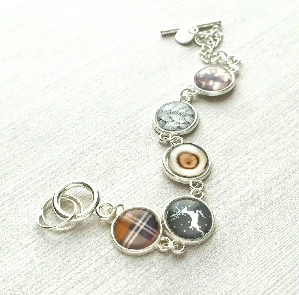 Winter Charm Bracelet, silver toggle clasp bracelet, sweater charm, wood charm, plaid charm, deer charm, silver charm bracelet, grey brown
