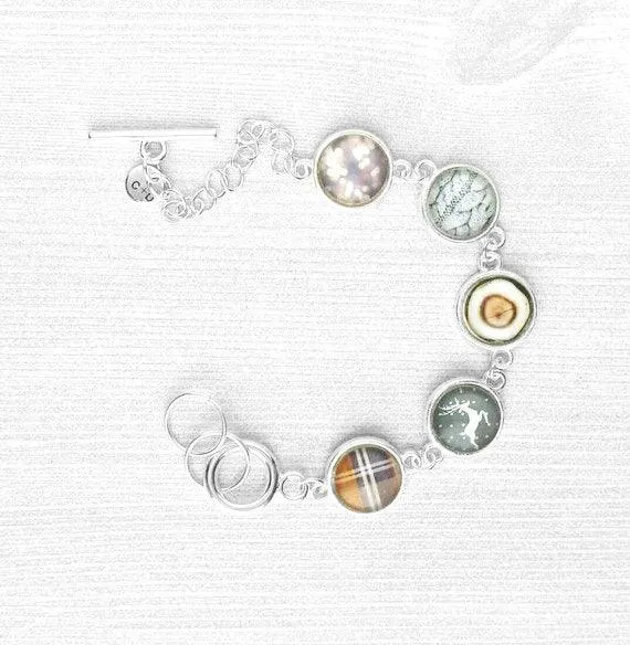 Winter Charm Bracelet, silver toggle clasp bracelet, sweater charm, wood charm, plaid charm, deer charm, silver charm bracelet, grey brown