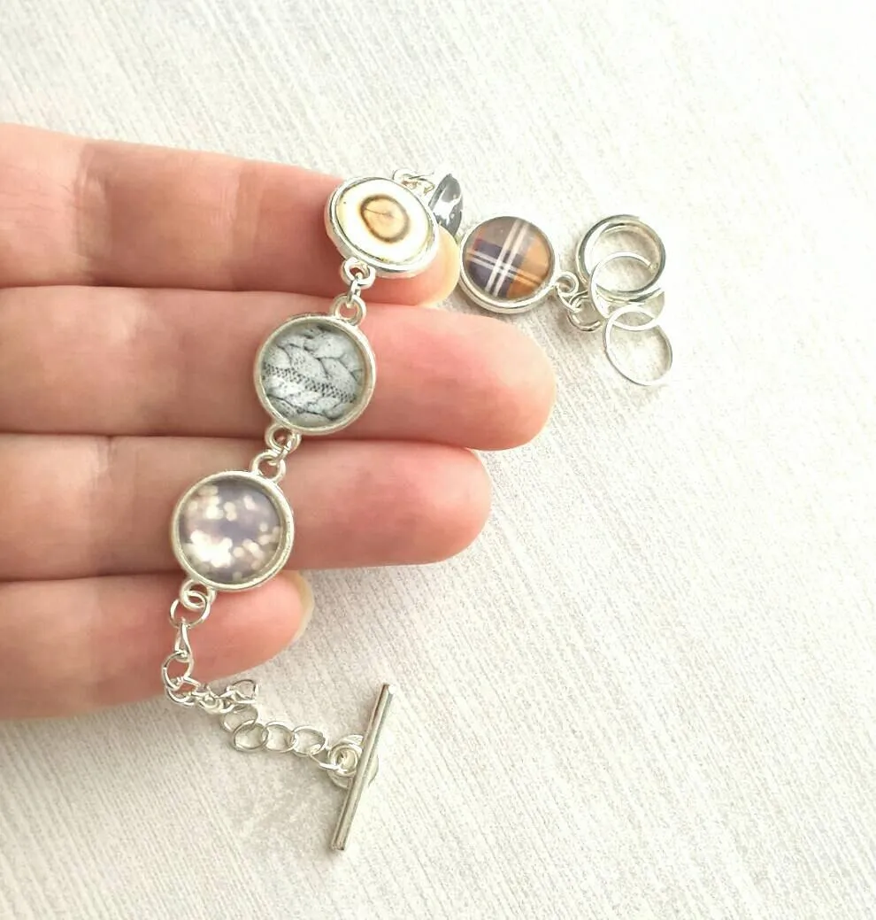 Winter Charm Bracelet, silver toggle clasp bracelet, sweater charm, wood charm, plaid charm, deer charm, silver charm bracelet, grey brown