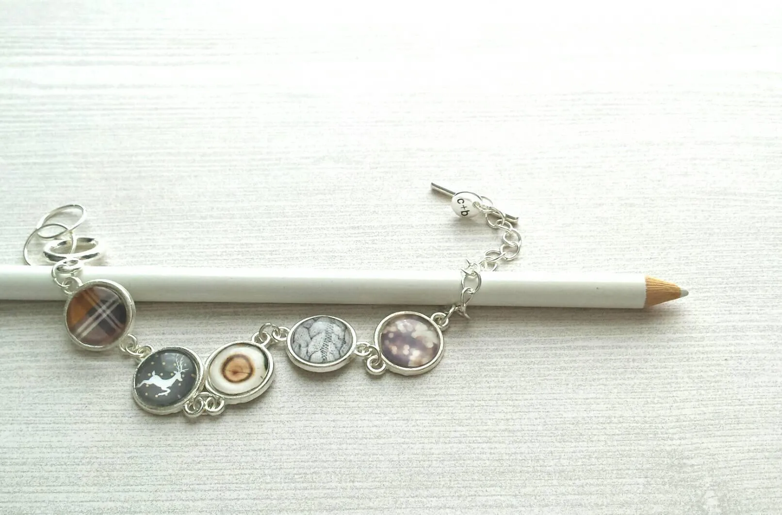 Winter Charm Bracelet, silver toggle clasp bracelet, sweater charm, wood charm, plaid charm, deer charm, silver charm bracelet, grey brown