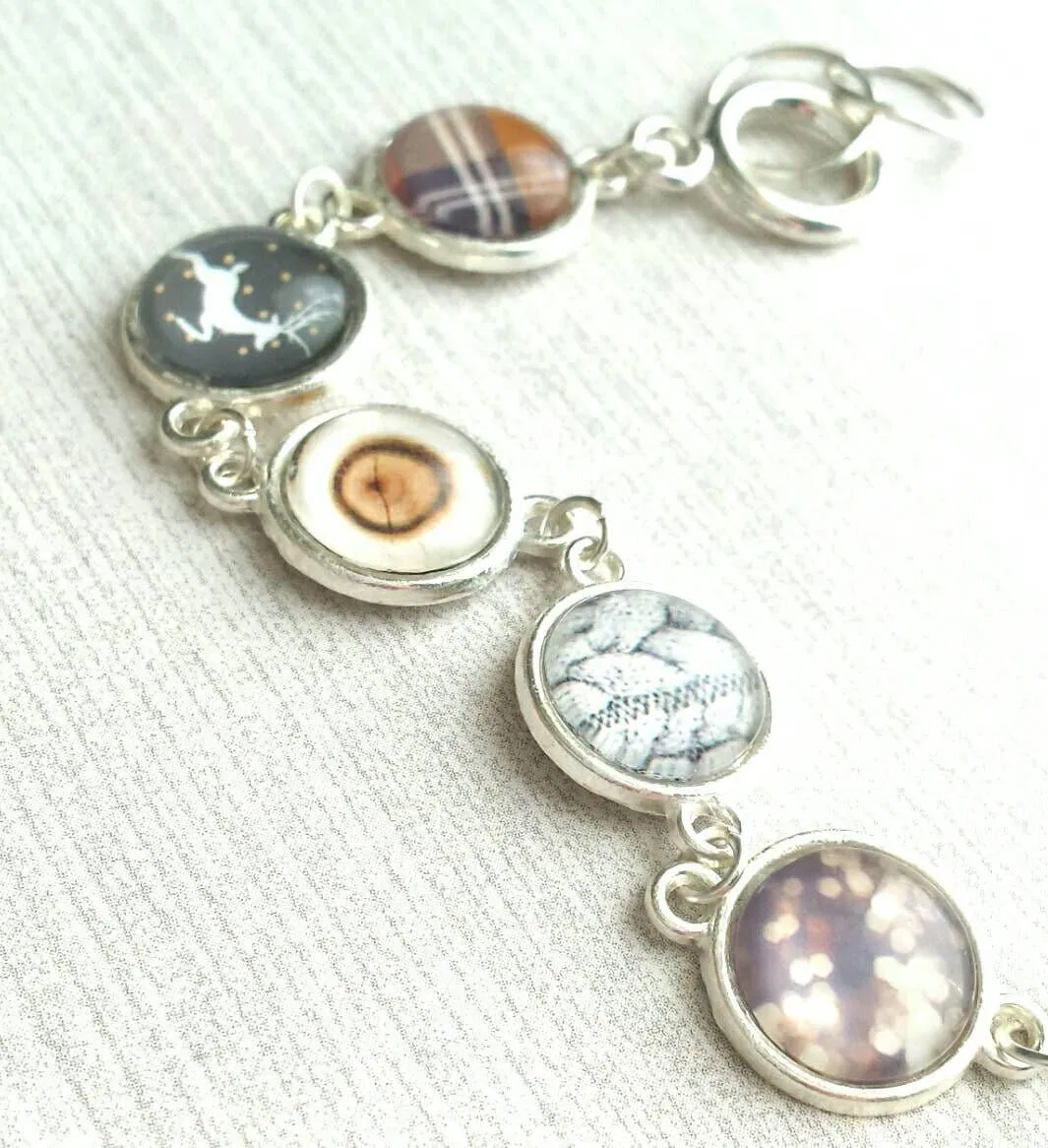 Winter Charm Bracelet, silver toggle clasp bracelet, sweater charm, wood charm, plaid charm, deer charm, silver charm bracelet, grey brown