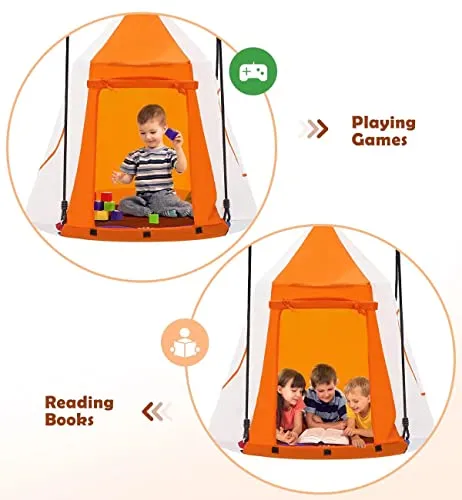 Zupapa Hanging Tree Swing, 2 in 1 Detachable Saucer Tree Swing Play House Tent for Kids, Max Capacity 400 LBS for Indoor Outdoor Use, Tree Straps Included(Rainbow)