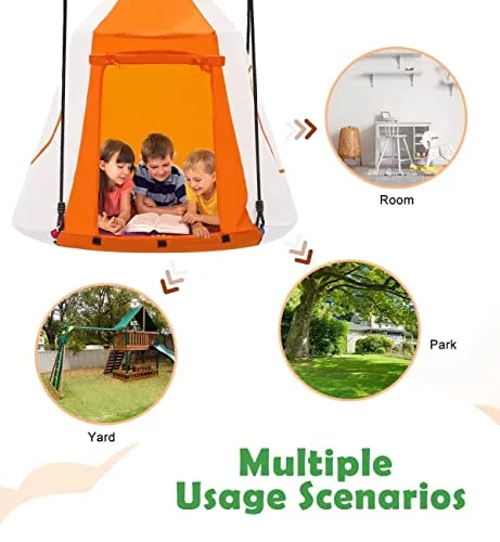 Zupapa Hanging Tree Swing, 2 in 1 Detachable Saucer Tree Swing Play House Tent for Kids, Max Capacity 400 LBS for Indoor Outdoor Use, Tree Straps Included(Rainbow)